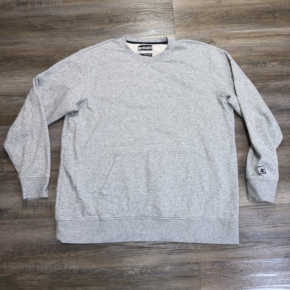 AND1 Gray Active MVP Fleece Crewneck Pullover Sweatshirt Mens 2XL Front Pocket